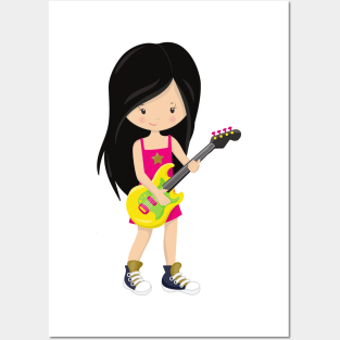 Rock Girl, Black Hair, Band, Music, Guitar Player Posters and Art